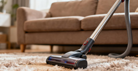 Vacuum cleaner cleaning the carpet in the living room at homeの素材