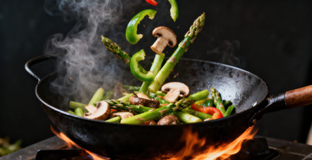 Cooking asparagus with mushrooms in a wok on a black backgroundの素材