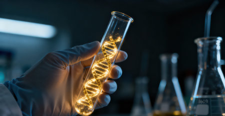 Science laboratory research and development concept. Doctor holding test tube with dna molecule structureの素材