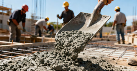 Worker using trowel at construction site. Selective focusの素材