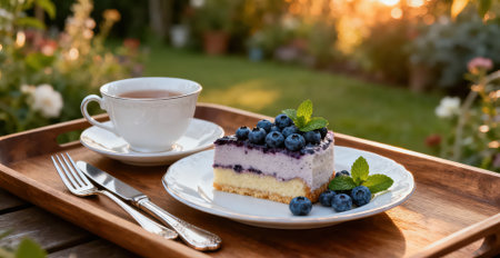 Blueberry cheesecake with a cup of tea in the garden.の素材