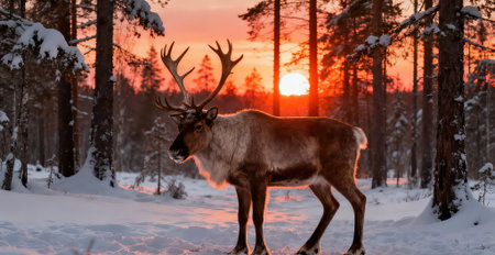 Reindeer in winter forest at sunset. Beautiful winter landscape.の素材