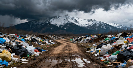 Dirt road through the garbage dump in the mountains under the cloudy skyの素材