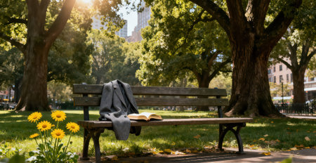 Bench in Central Park, Manhattan, New York City, USA.の素材