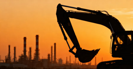 Silhouette of excavator working at oil refinery plant at sunsetの素材
