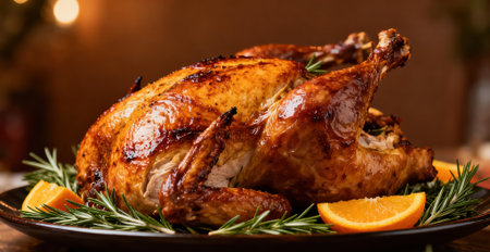 Garnished roasted turkey with rosemary and oranges on wooden tableの素材