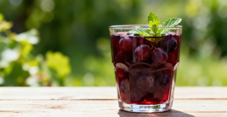Grape juice with mint in a glass on a wooden table in the gardenの素材