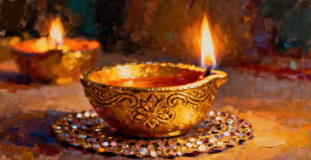 Oil painting on canvas of burning diya or oil lamp for diwali festival.の素材