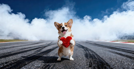 Cute Welsh corgi dog with red heart on asphalt road backgroundの素材
