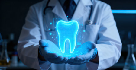 Dentist holding digital tooth hologram in his hand 3D renderingの素材