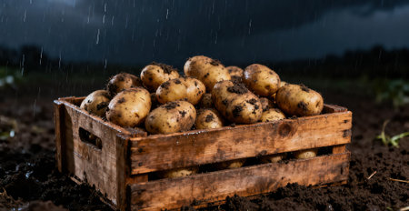 Freshly dug potatoes in a wooden box on a field in the rainの素材