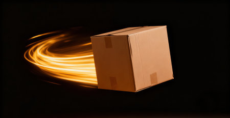 Fast moving cardboard box with light trail on black background. Fast delivery conceptの素材