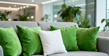 Green pillows on sofa in modern living room, soft focus.の素材