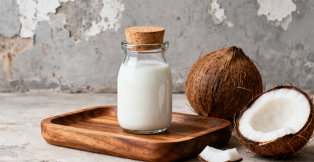 Coconut milk in a glass bottle on a gray concrete backgroundの素材