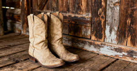 Cowboy boots on a rustic wooden background. Cowboy boots.の素材