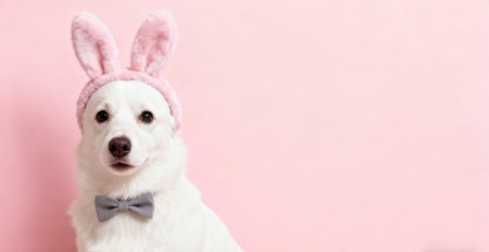 White dog with bunny ears on a pink background. Place for text.の素材