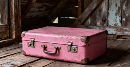 Vintage pink suitcase on a wooden floor in a rustic roomの素材