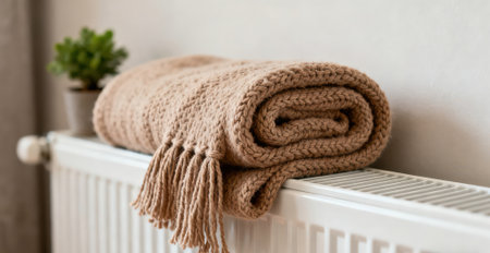Cozy warm knitted woolen plaid on a radiator in a roomの素材