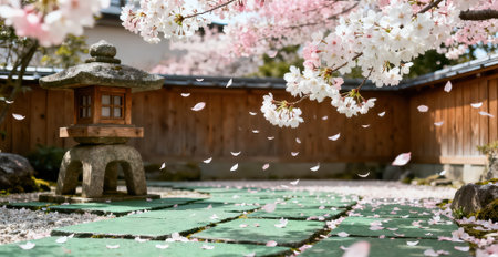 Japanese garden with cherry blossoms and stone lanterns in spring.の素材
