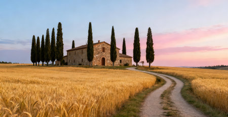Panoramic view of Tuscany at sunset with cypressesの素材
