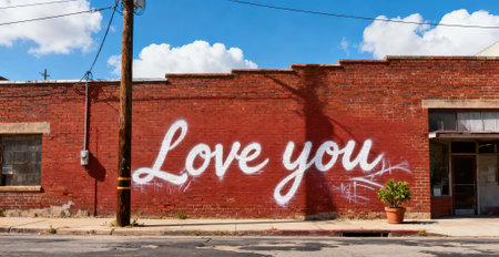 Lonely old red brick building with a love you sign.の素材