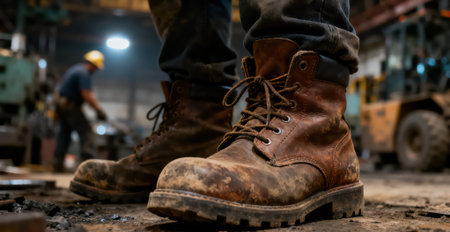 Old dirty boots on the workbench in the factory. Selective focus.の素材