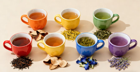 Variety of tea in colorful cups on a beige background.の素材