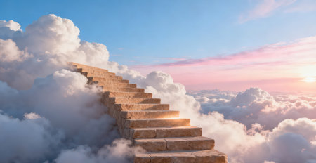 Staircase going up into the sky with clouds at sunset.の素材