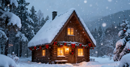 Christmas background with wooden house in snowy forest. Christmas holiday concept.の素材