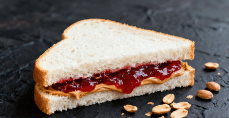Sandwich with peanut butter and strawberry jam on a black background.の素材
