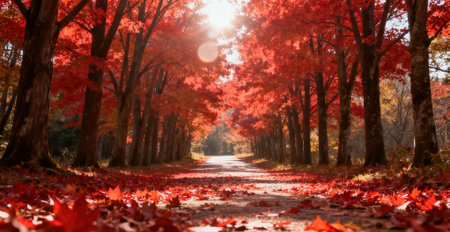 Autumnal road in the park with red maple leaves and sunの素材