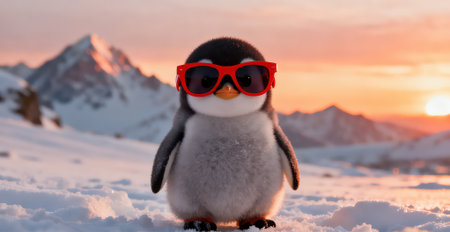 Cute penguin with sunglasses on the background of snow-capped mountains at sunsetの素材