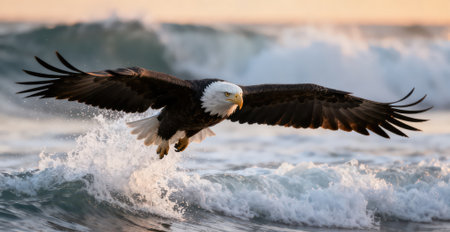 Bald Eagle in flight over the Pacific Ocean in Vancouver, Canada.の素材