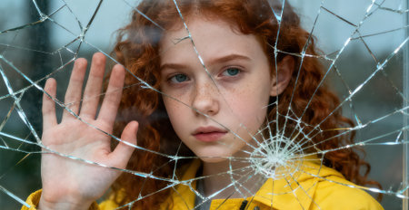 young redhead girl in yellow raincoat covering face with broken glassの素材