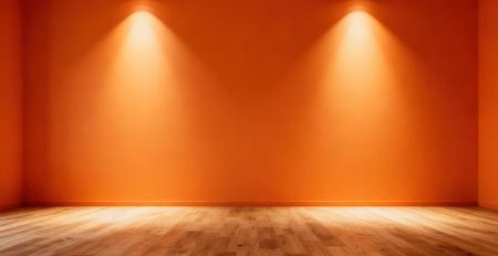Orange room with wooden floor and spotlights. Abstract interior background.の素材