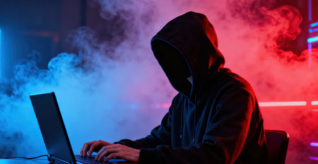 Hooded hacker in a black hoodie working on a laptop in a dark room with red and blue smokeの素材