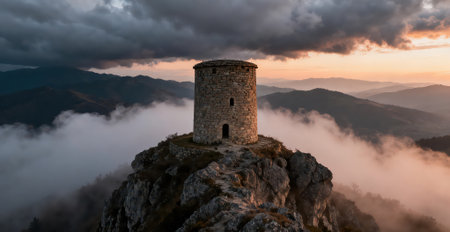 Panoramic view of the old tower of the fortress in the mountains at sunsetの素材