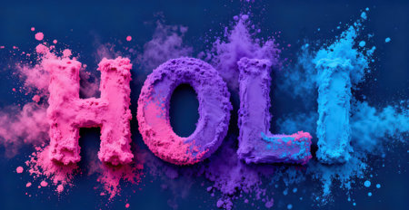 Colorful holi powder explosion on dark blue background. Holi conceptの素材