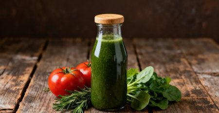 Spinach and tomato smoothie in bottle on rustic wooden backgroundの素材