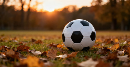 Soccer ball on the grass with autumn leaves in the background.の素材