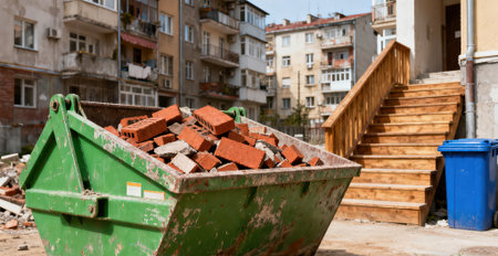 construction site with red bricks in a container and a blue trash canの素材
