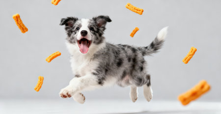 Funny border collie dog jumping and having fun with food in studioの素材