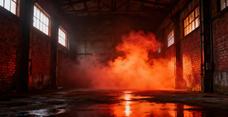 Abandoned industrial interior with smog and light. Industrial backgroundの素材