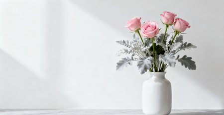 pink roses in vase on white wall background with copy spaceの素材