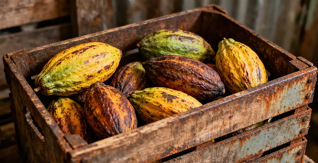 Cacao fruit in a wooden box on a rustic backgroundの素材