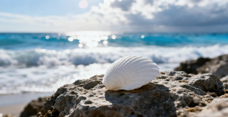 Beautiful white seashell on a rock against the background of the sea.の素材