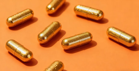 Golden capsules on orange background. Flat lay, top view, copy spaceの素材