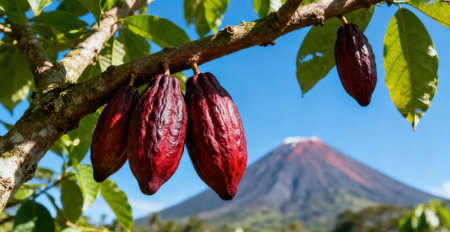 Cacao pods on the tree with the volcano in the backgroundの素材