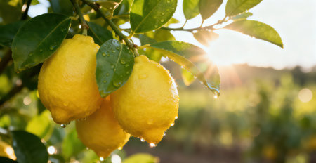 Lemons on a lemon tree in the garden at sunset.の素材