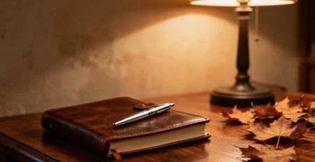 Notebook and pen on a wooden table with lamp in the backgroundの素材